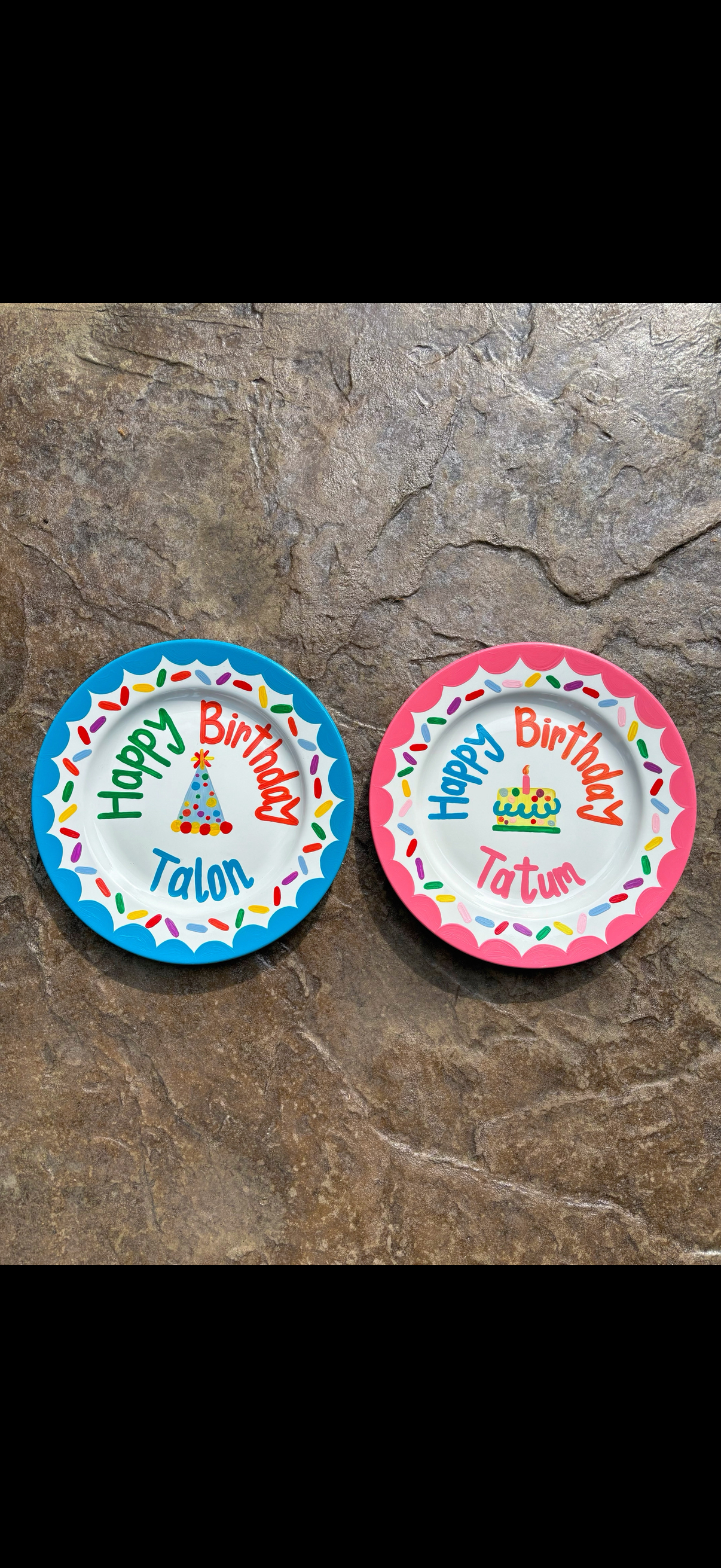 Custom hand-painted personalized birthday plates for Talon and Tatum