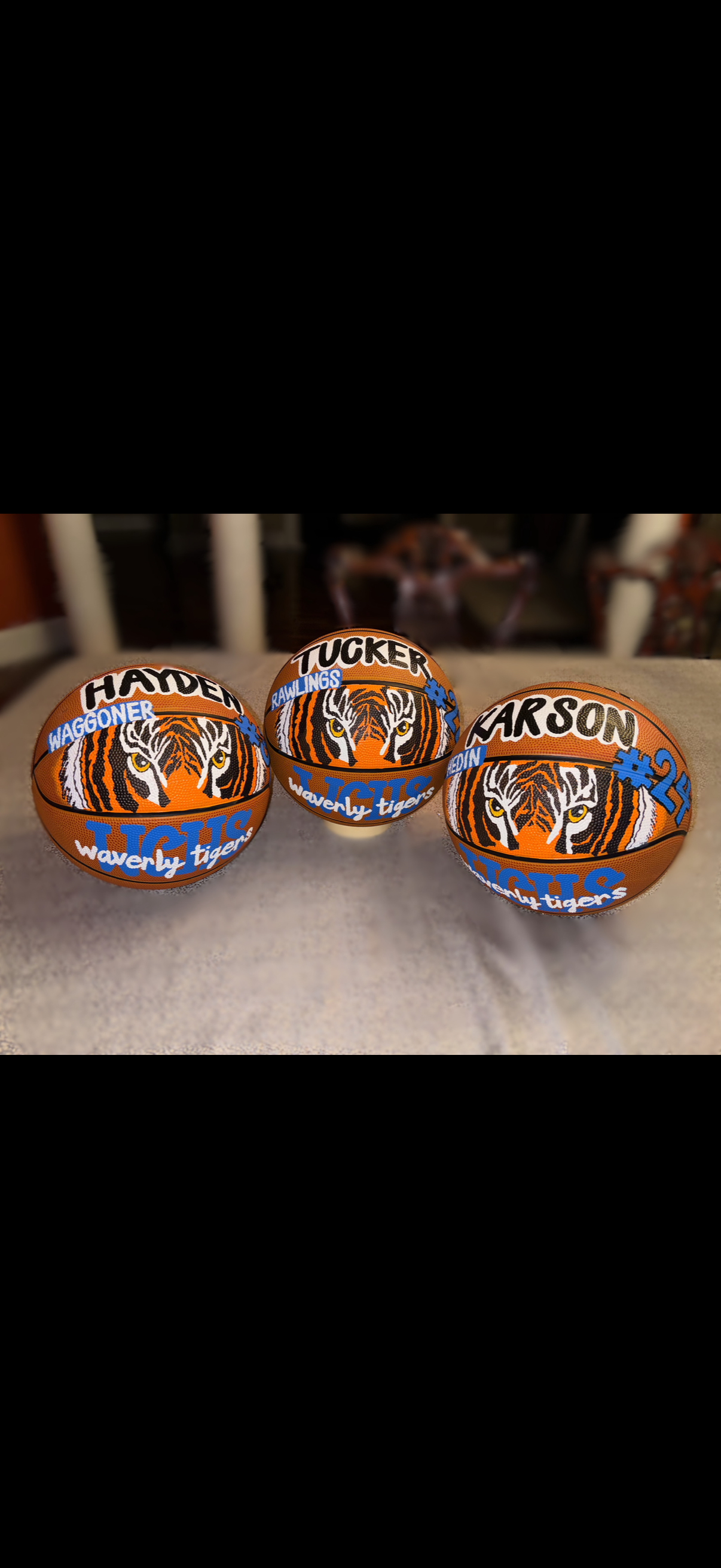 Custom hand-painted personalized basketballs for Waverly Tigers