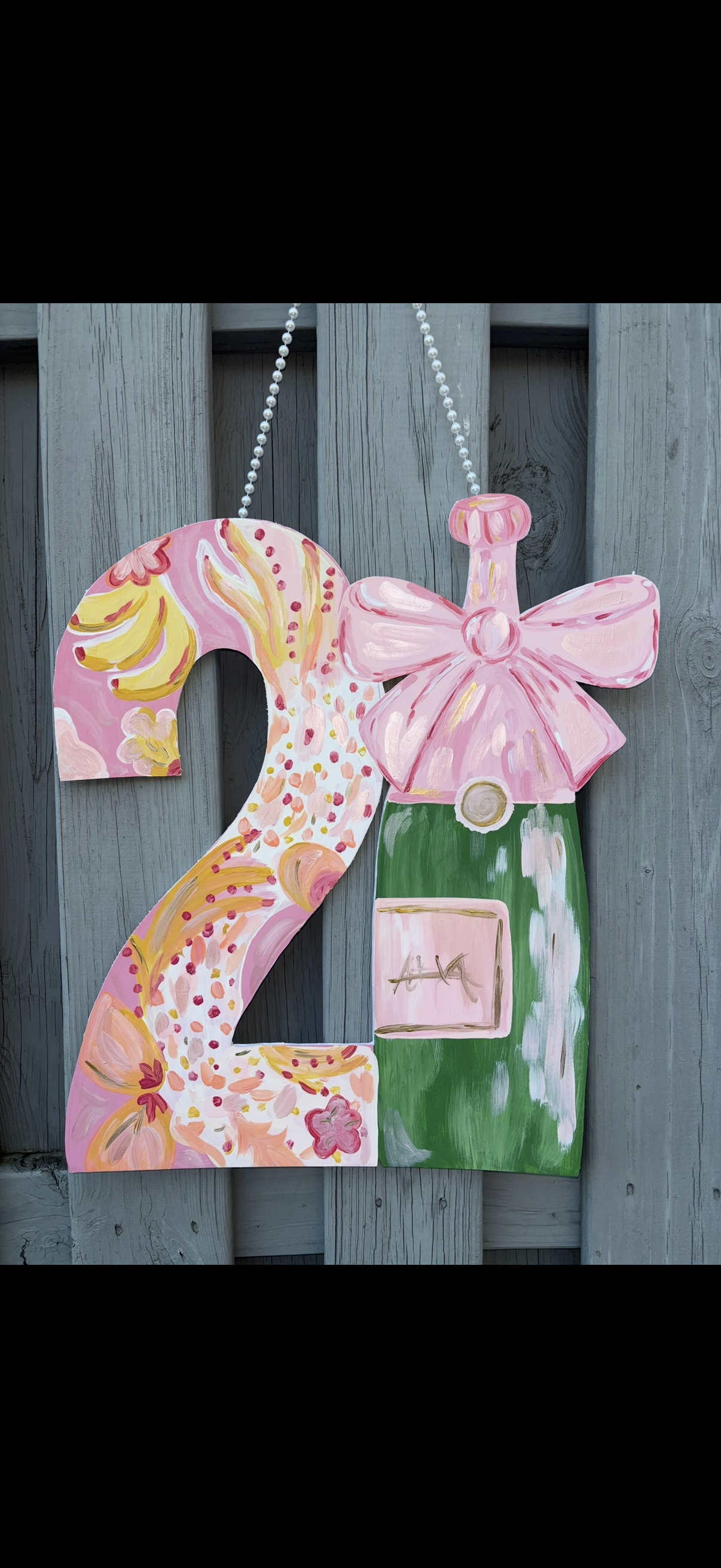 Custom 21st birthday neck sign hand-painted with floral design and pearl chain