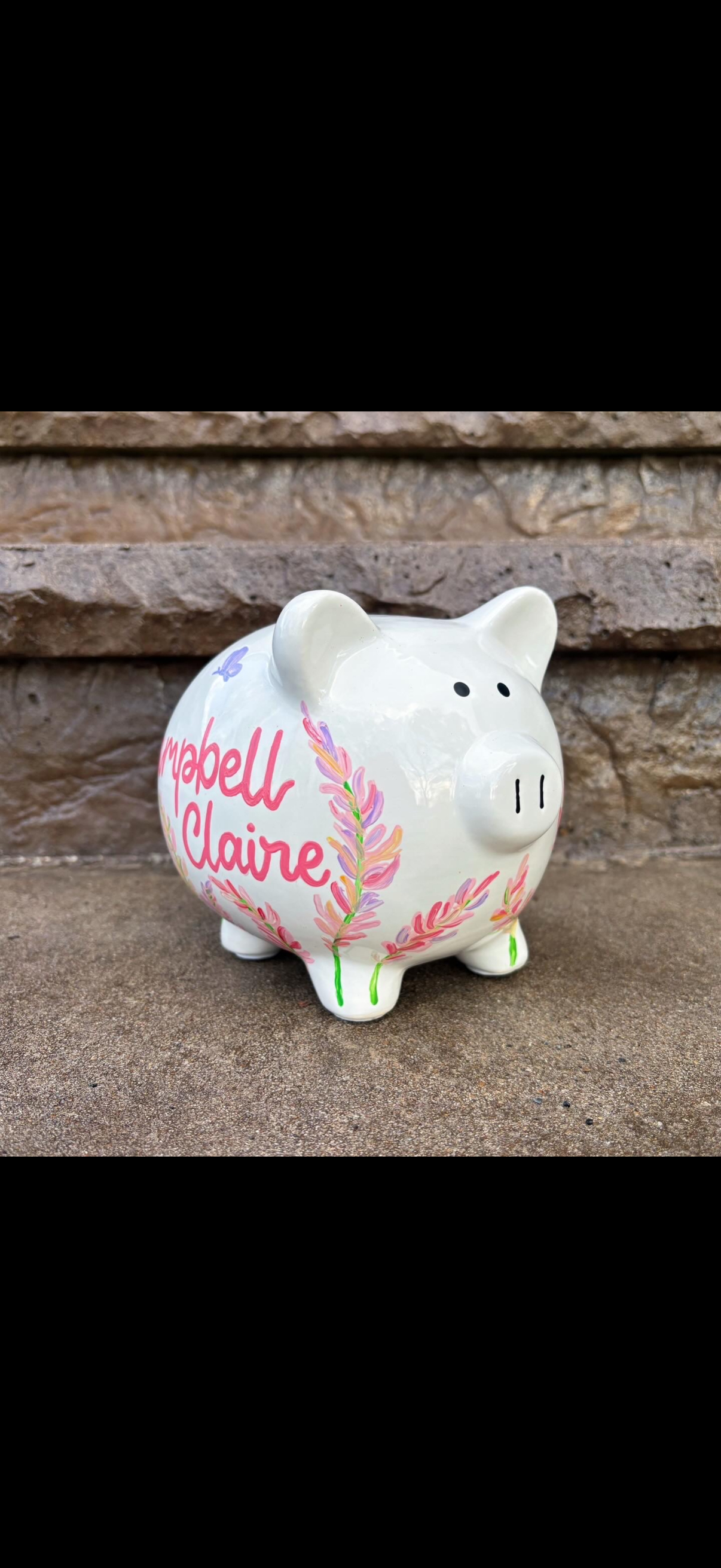 Custom hand-painted personalized piggy bank with floral design