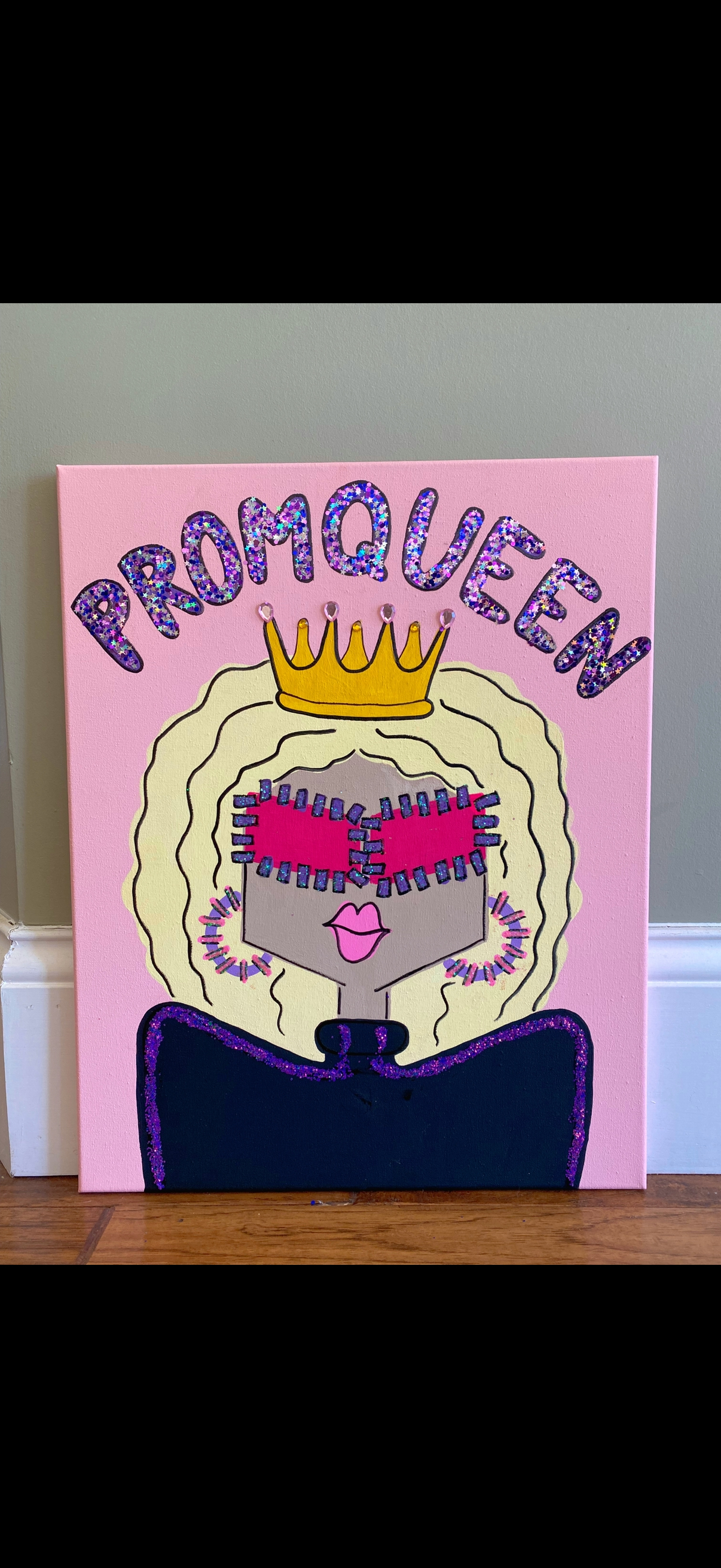 Custom prom queen hand-painted glitter portrait on canvas